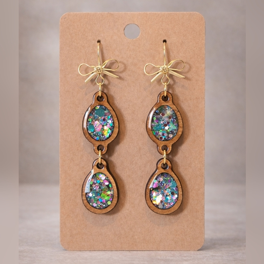 Handmade Resin & Glitter Double Easter Earrings With Bow